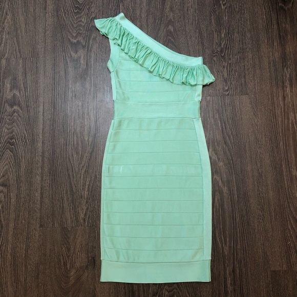 Y2K French Connection Classic One Shoulder Mint Green Bandage Dress - Picture 6 of 17